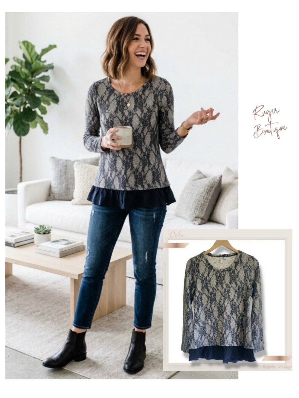 🌿Boho Chic Cato Black Gray Cream XS Lace Overlay Top with Tiered Hem